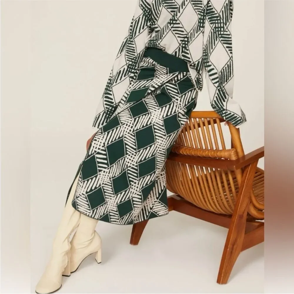 Tanya Taylor Candace Knit Wrap Midi Skirt Geometric Print Wool‎ XL - Picture 2 of 8